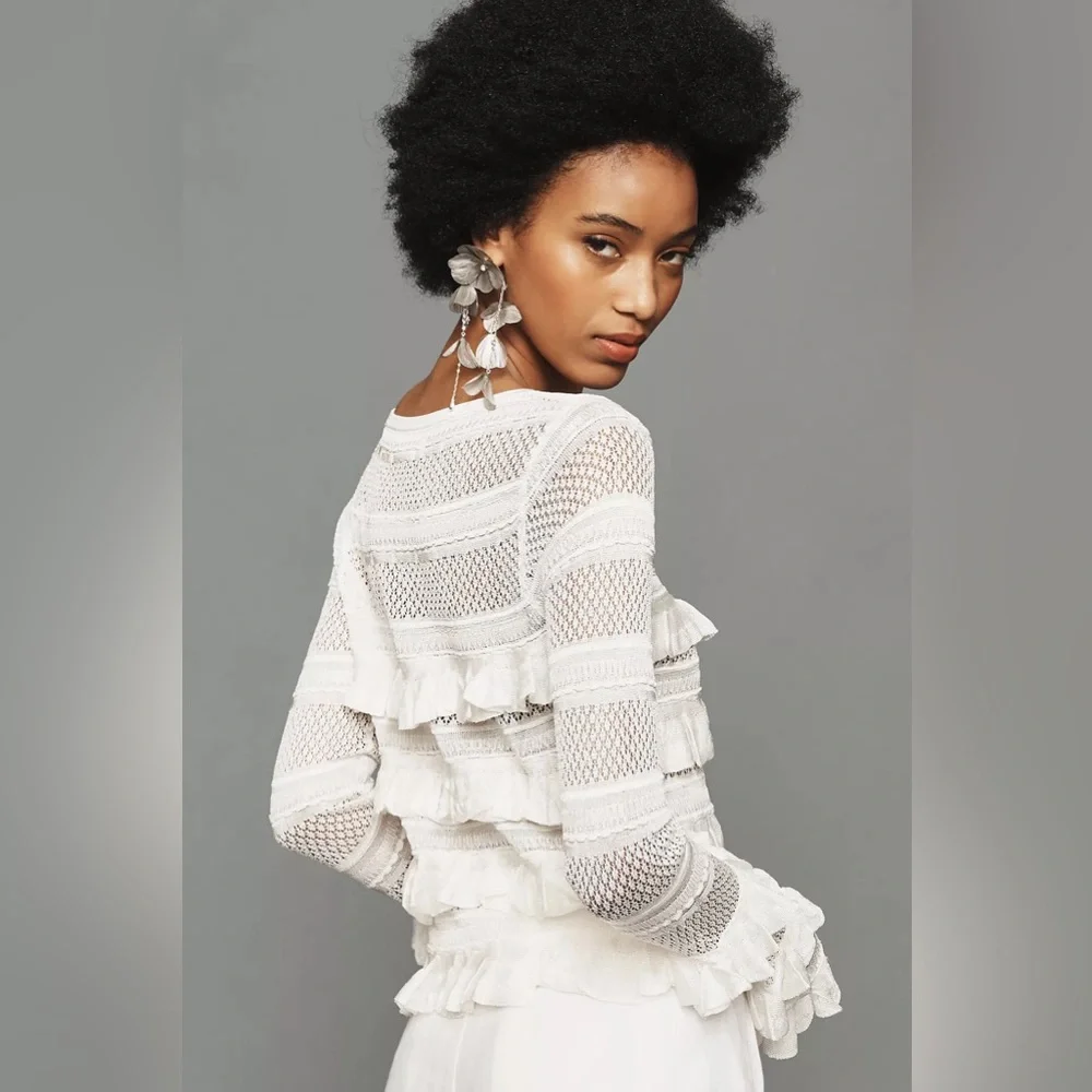 By Anthropologie Ruffle Sweater white size small - Picture 2 of 7